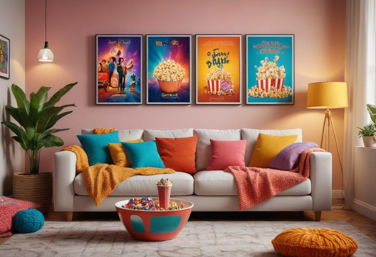 A cozy living room with a large flat-screen TV showcasing scenes from feel-good movies, colorful popcorn bowls overflowing, a warm blanket draped over a comfy sofa, and soft ambient lighting creating a joyful atmosphere. In the background, a whimsical poster collage of famous feel-good movie characters. vibrant colors. cozy style. 3D.