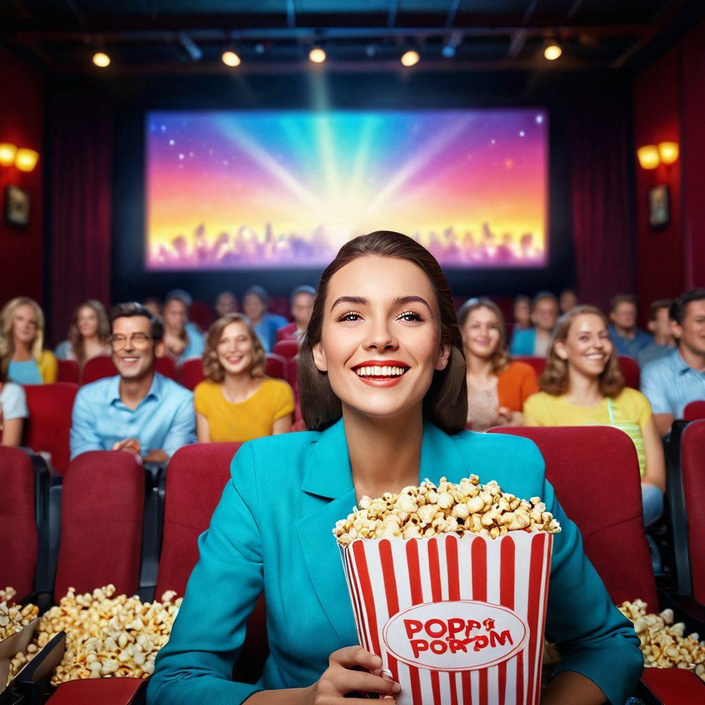 A vibrant cinema scene with a cozy movie theater, featuring people happily watching a colorful film with popcorn. Bright lights illuminating the screen, and a warm, inviting atmosphere filled with smiling faces and laughter. Include film reels and a vintage projector in the background to enhance the cinematic experience. super-realistic. vibrant colors. 3D.